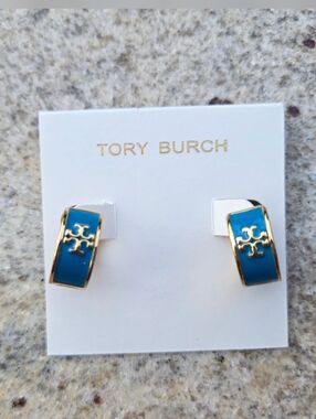 Tory Burch Blue Enamel Gold Logo Huggie Hoop Earrings